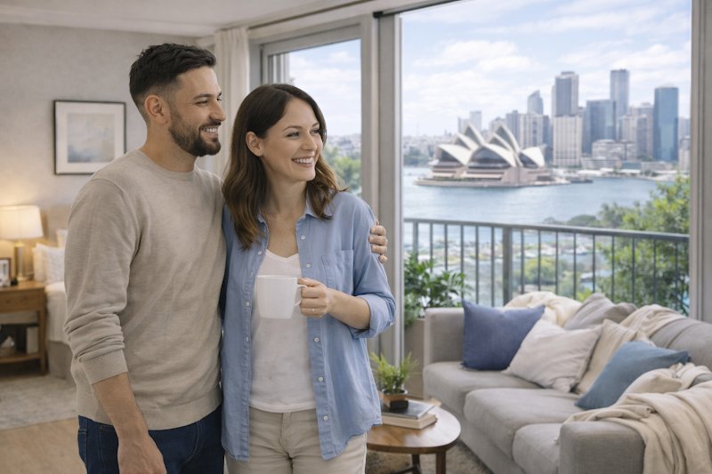 Couple in a Sydney apartment with harbour views, the kind of unit that suits contactless laundry pickup