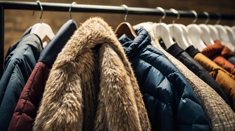 Fur, down and wool winter jackets on a rack, cleaned by WashMate Sydney