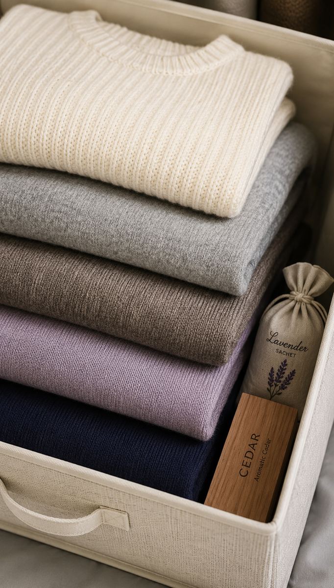 Winter coat storage Sydney — woollens folded into a storage box with cedar and lavender to deter moths