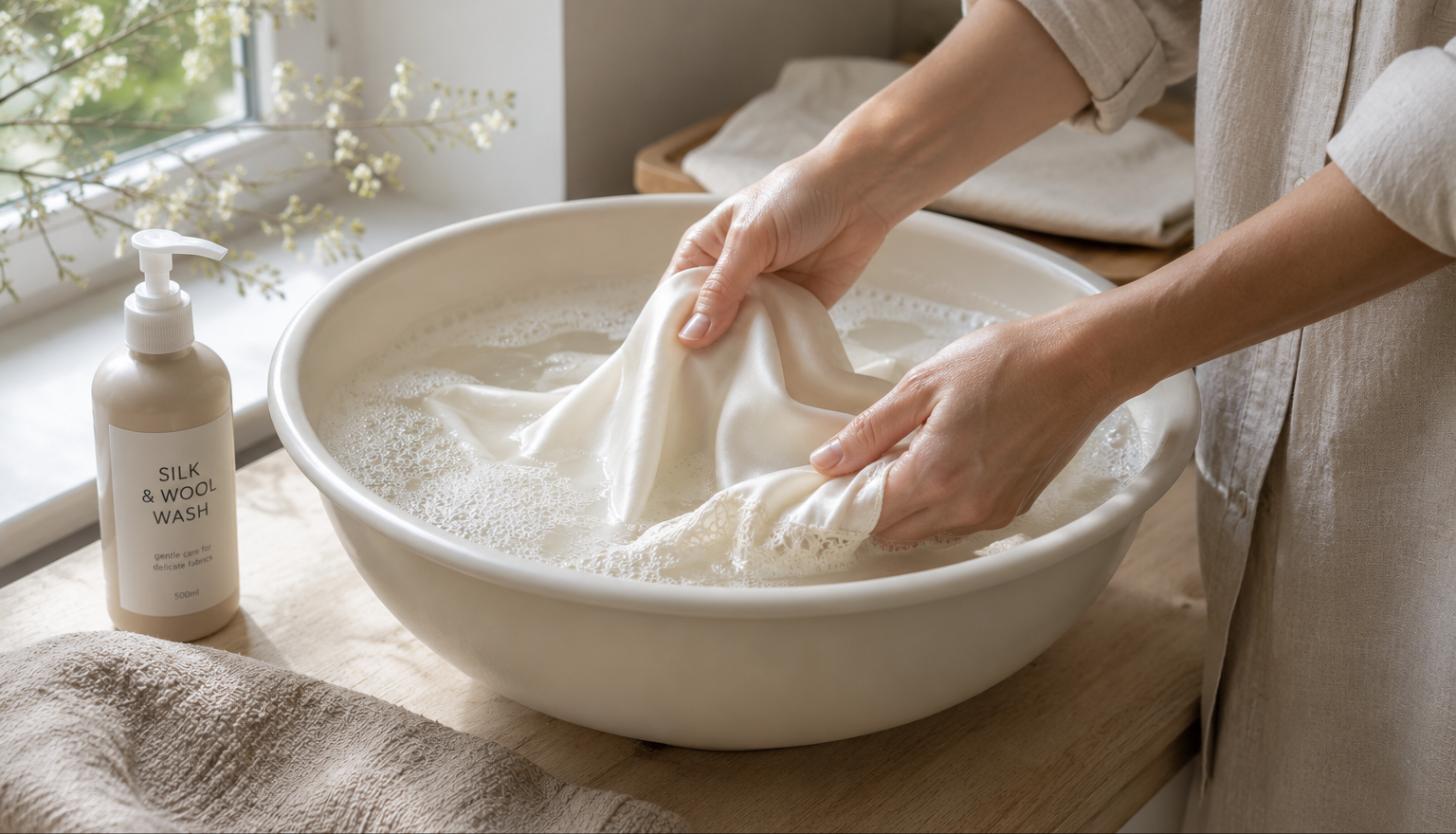 Gently hand-washing a pale silk garment, an alternative to silk dry cleaning in Sydney for simple pieces