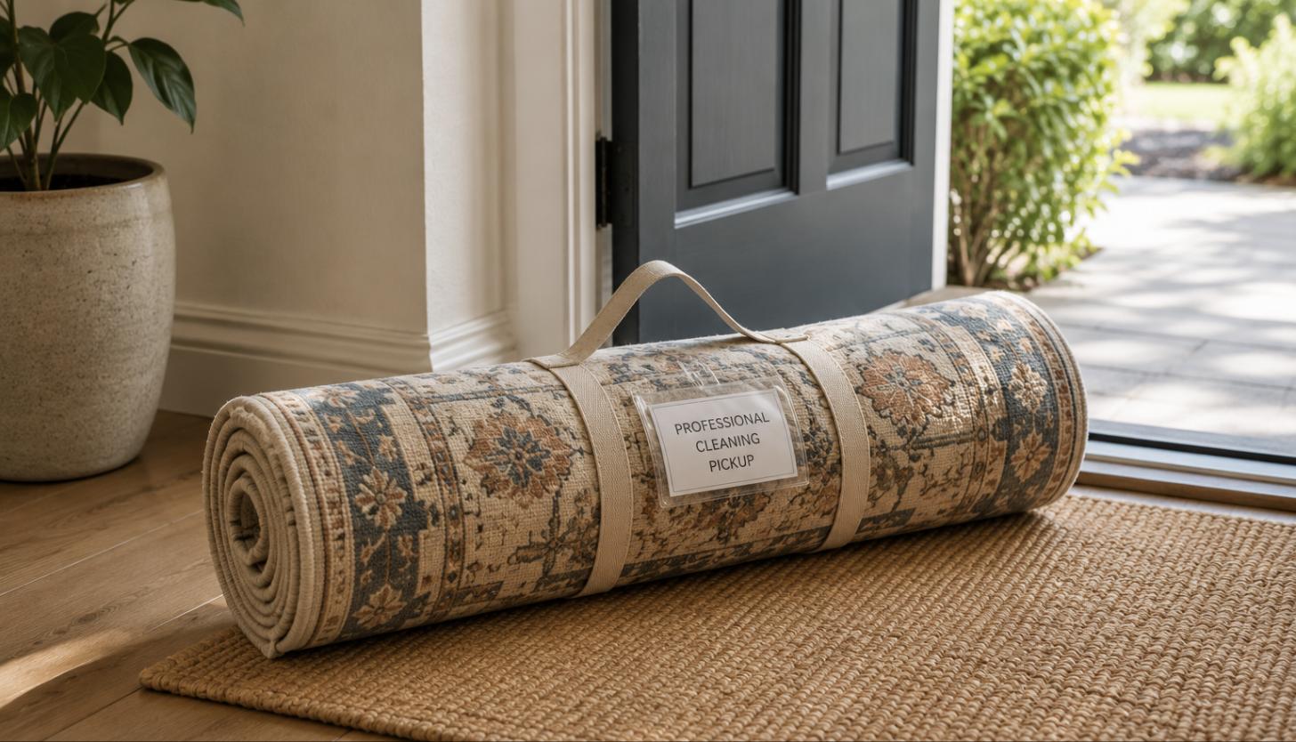 Rolled wool rug ready for professional rug cleaning pickup in Sydney