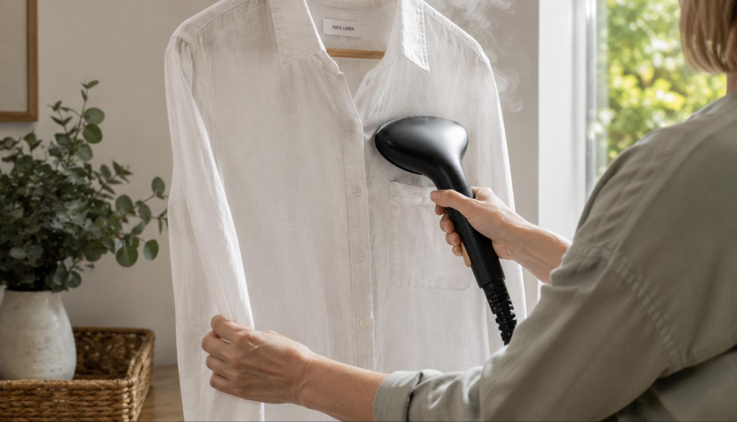 Pressing a linen shirt to a crisp finish as part of linen clothing care in Sydney