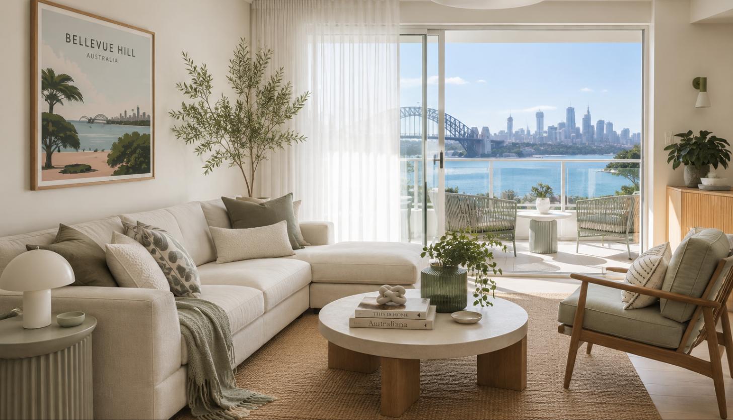 Bright Sydney living room with sheer curtains, which need different handling from blockout curtain cleaning