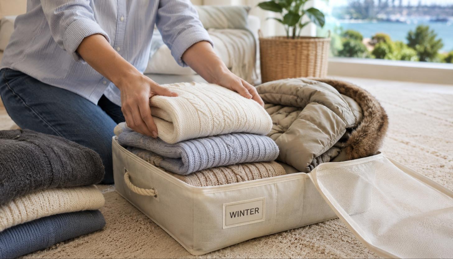 Clean winter clothes packed for storage during a Sydney spring cleaning session