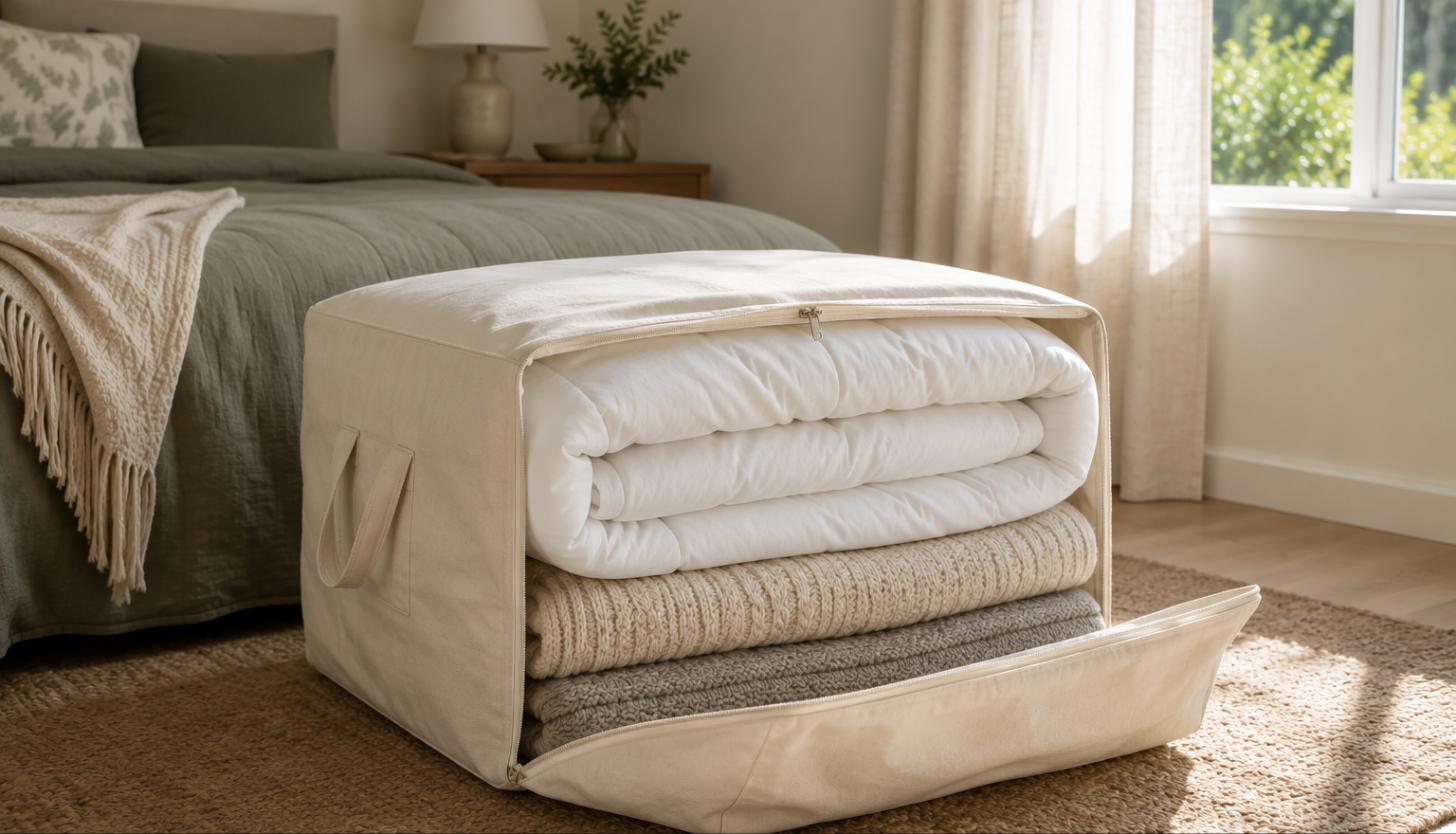 Winter doona folded into breathable storage after a spring bedding changeover in Sydney