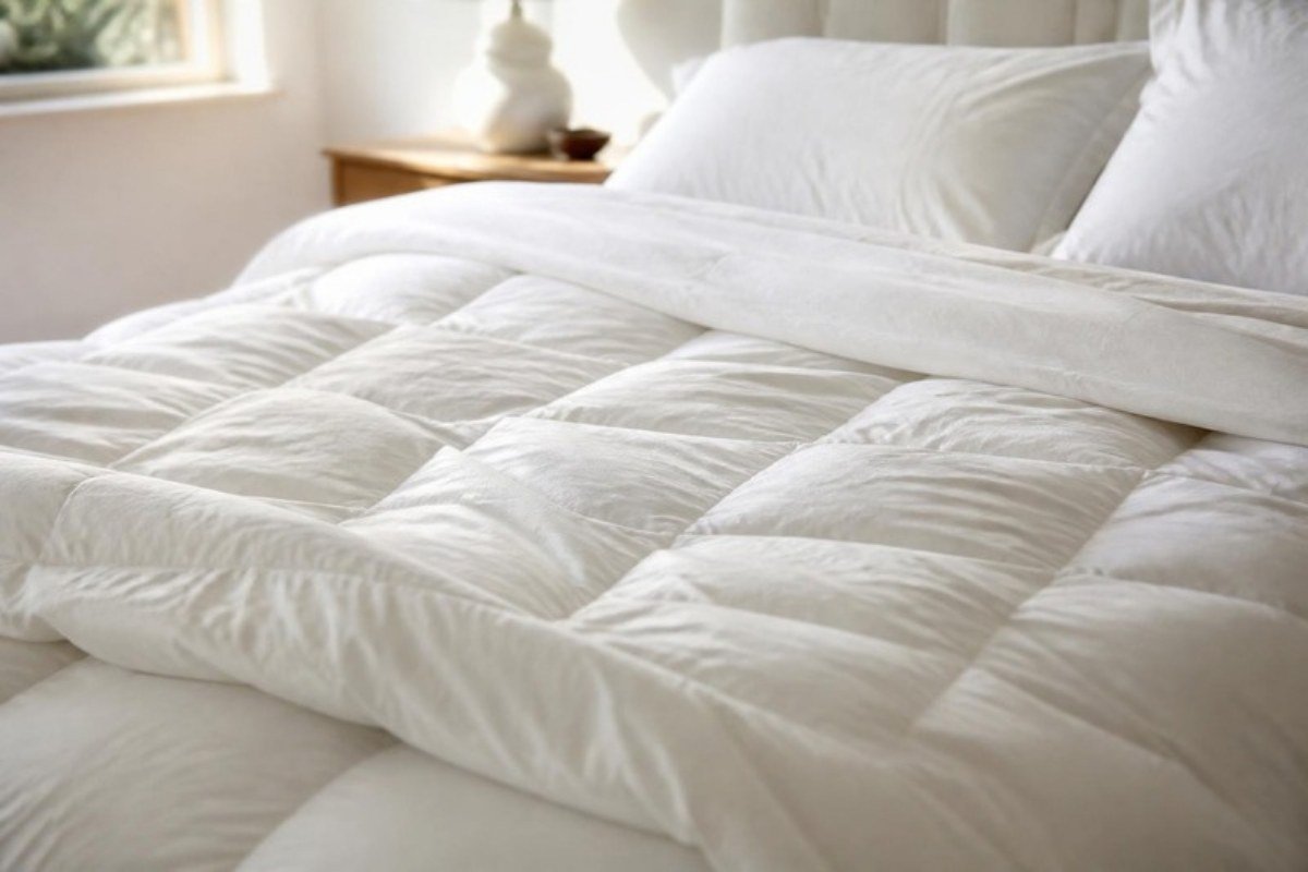 A freshly laundered white doona on a bed after doona cleaning in Sydney