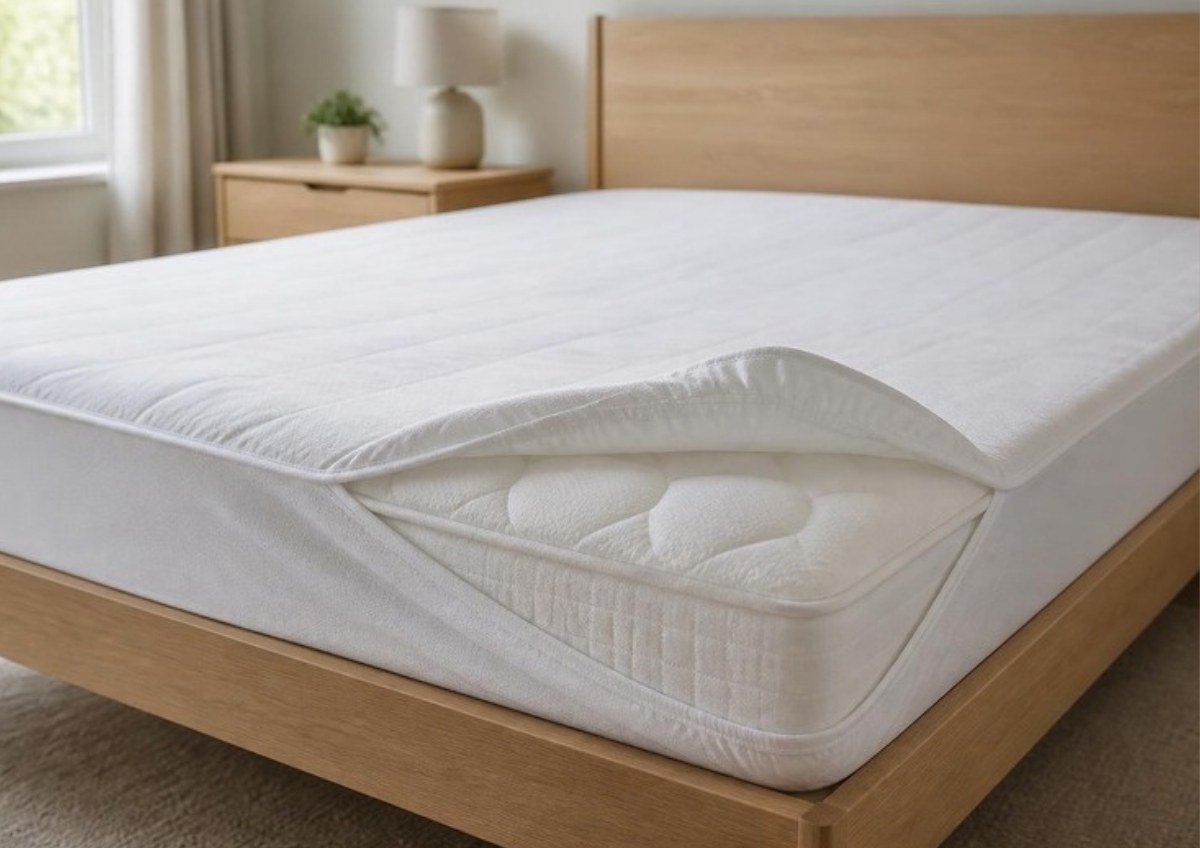 A quilted mattress protector lifted back to show the topper underneath, the layers covered by mattress topper cleaning in Sydney