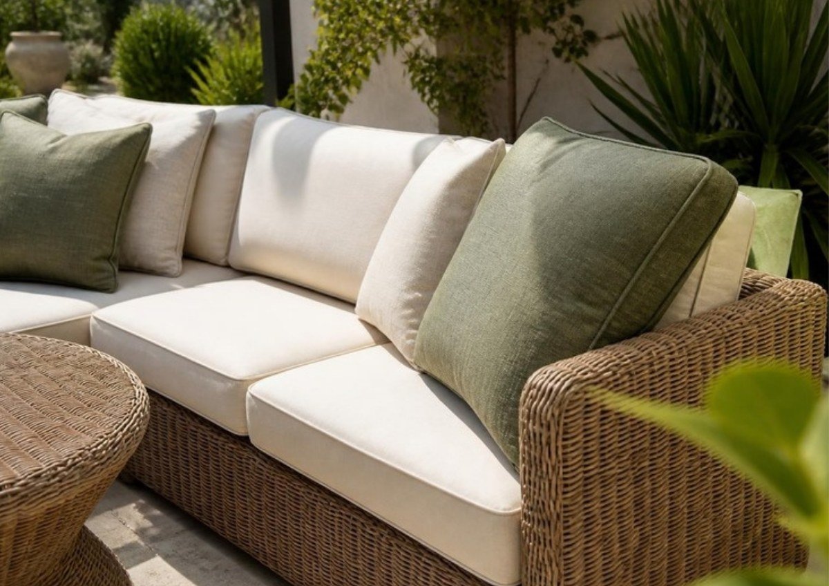 Outdoor lounge cushions on a sunny Sydney courtyard, the covers handled in outdoor cushion cleaning in Sydney