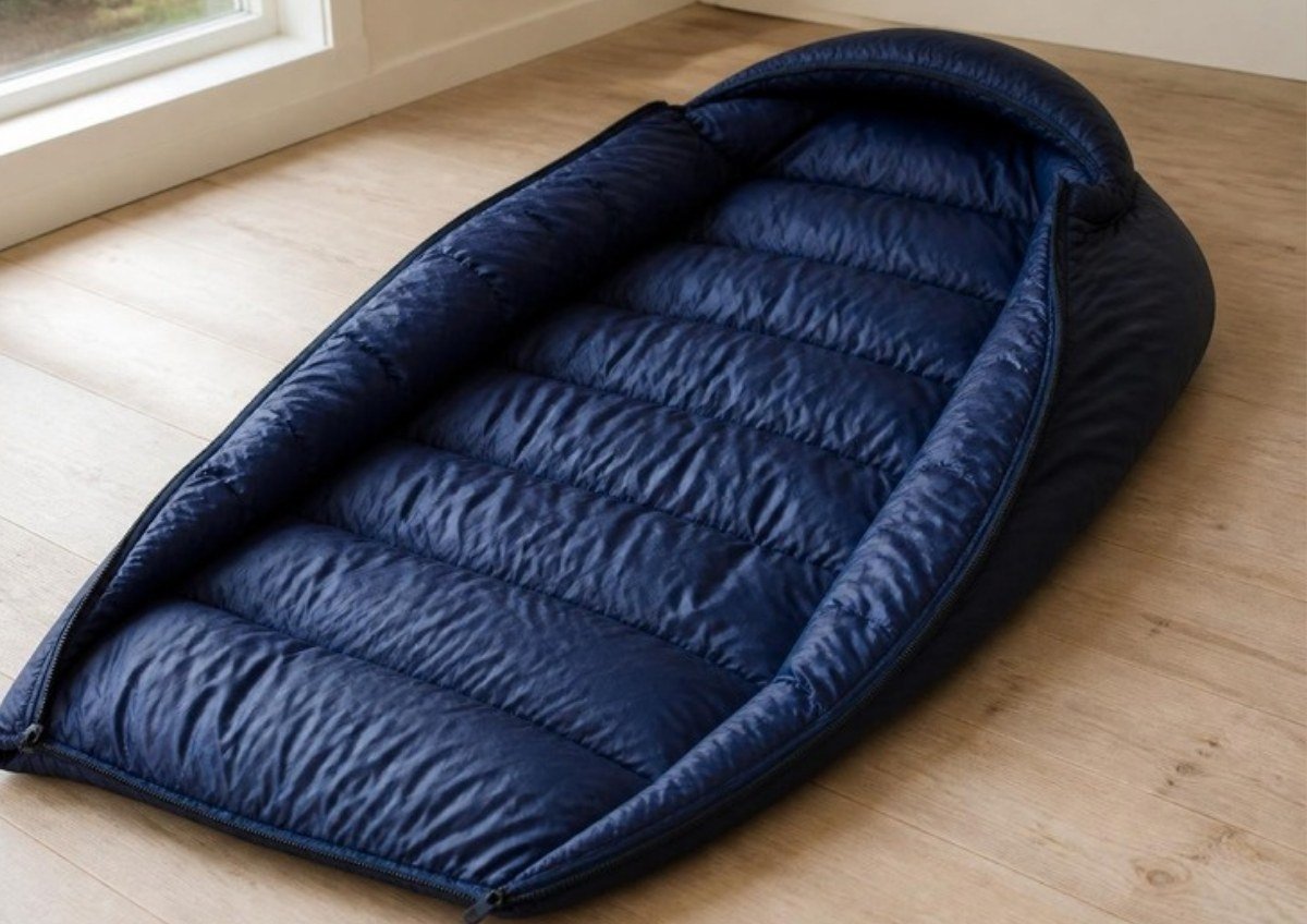 A down sleeping bag unzipped and aired out, the first step before sleeping bag cleaning in Sydney